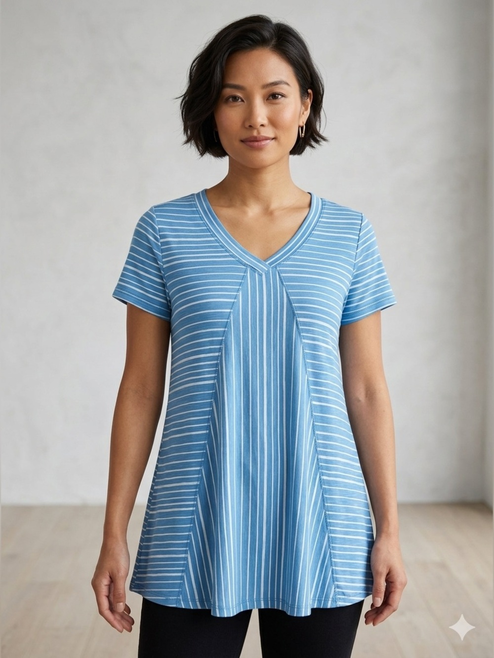 Striped Blue V-Neck Short Sleeve Tee